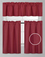 3Pc Set Solid Faux Silk Lined Blackout Rod Pocket Small Kitchen Window Curtain With Valance (K3) (Burgundy)