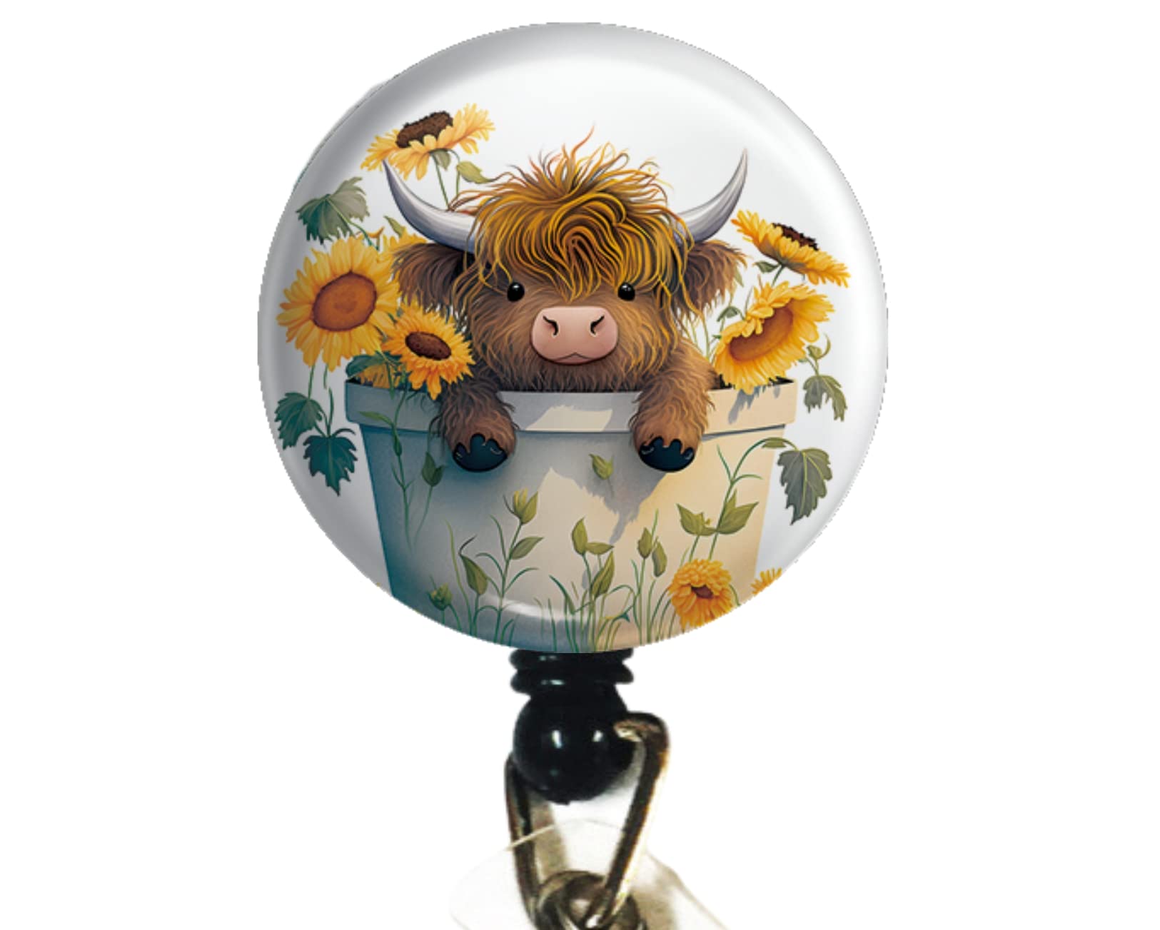 Wigspedia Watercolor Retractable Name Id Badge Holder Reel/Id Badge Holder - Baby Highland Cow (Style#1) (Alligator Clip)