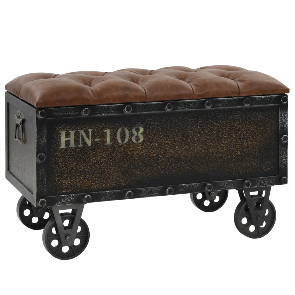 vidaXL Solid Fir Wood Storage Bench with Castors- Traveling Trunk Design - Retro Style - Brown, Faux Leather Upholstered Seat