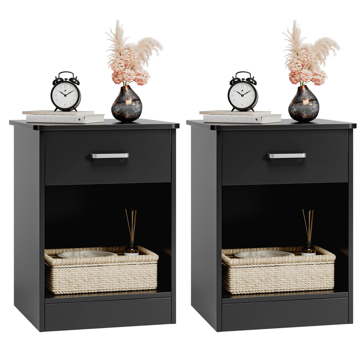 Fotosok Nightstand, Set Of 2, 2Tier Side Table With Drawer And Storage Shelf, Bedside Table End Table, Modern Night Stand For B