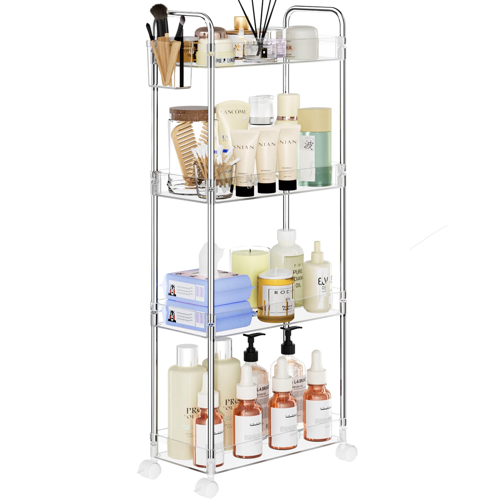 SPACEKEEPER Acrylic Rolling Storage Cart 4 Tier Clear Bathroom Cart Organizer, Transparency Rolling Utility Cart Laundry Room Or