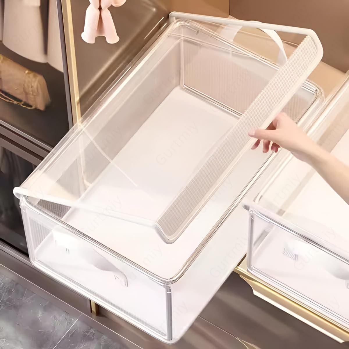Gurtmiy PVC Transparent 26 Litre Storage Basket With Lid and Clothes Organizer Box Steel Frame Wardrobe Foldable Clothes Storage