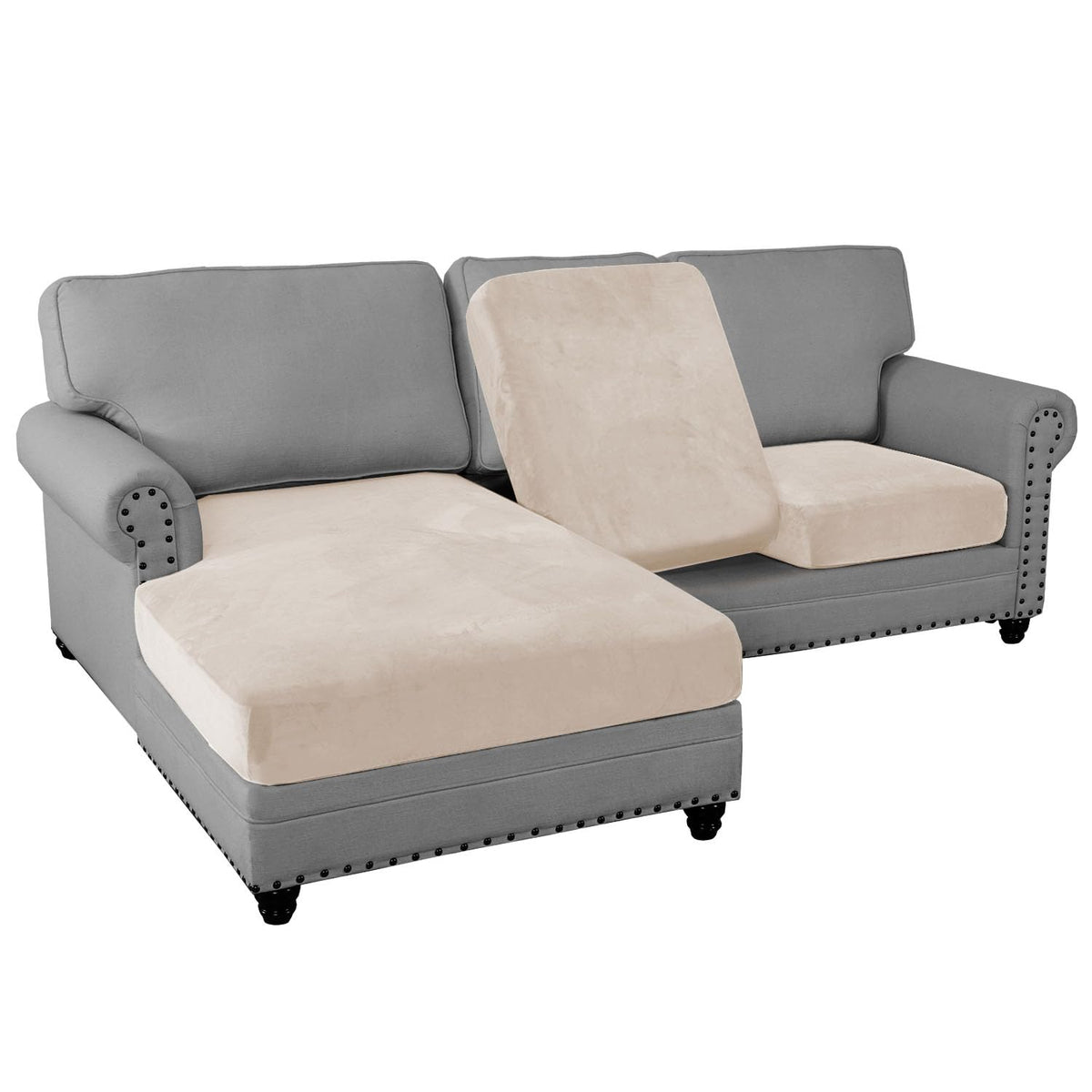 PrinceDeco Velvet Sectional Sofa Cover L Shape Chaise Cover Couch Cushion Cover with Elastic Band for Both Left/Right Sectional 