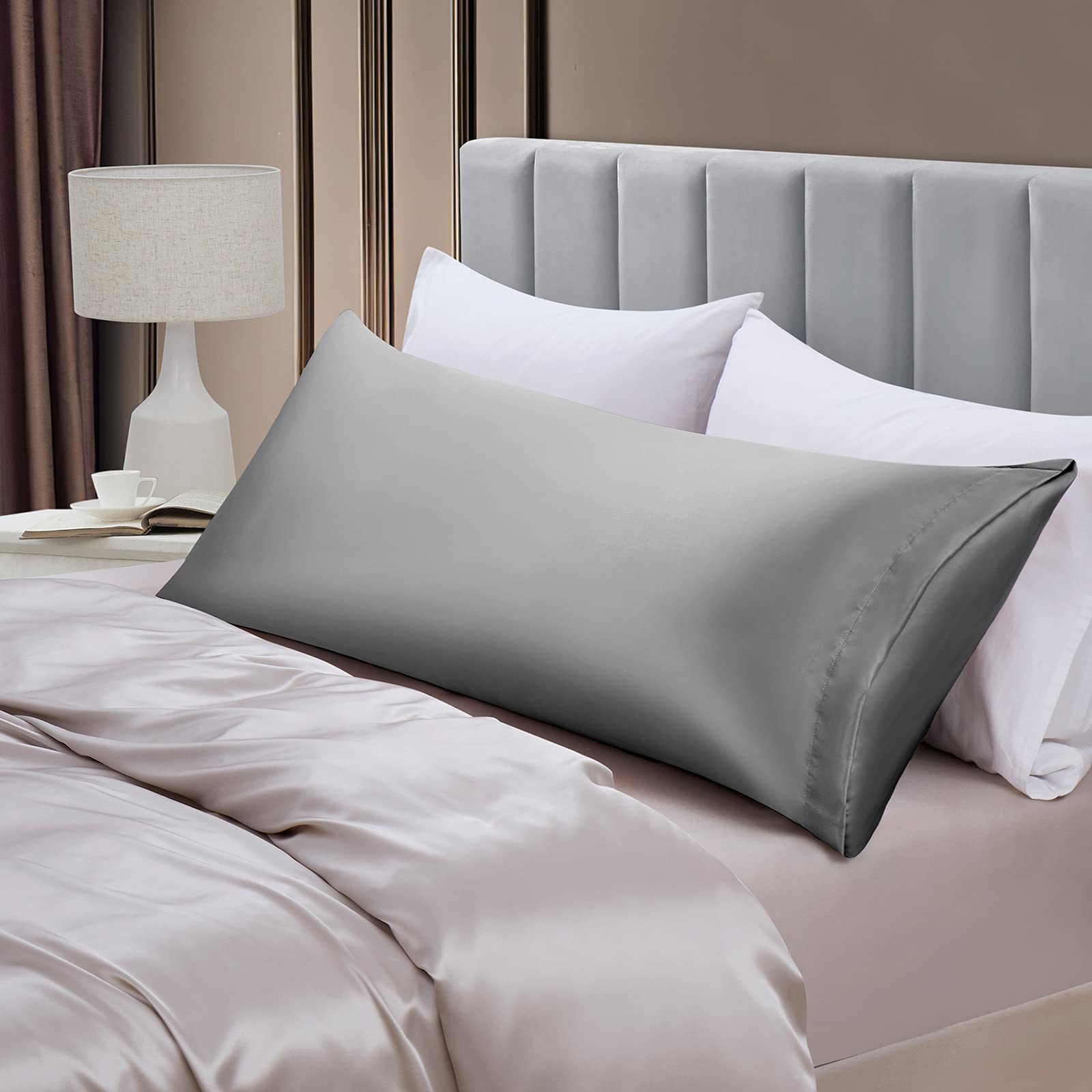 Aormenzy Satin Body Pillow Cover Set Of 2, 20X54 Inches Silver Grey Body Pillow Case For Adults, Silky Soft & Cooling Body Pillo