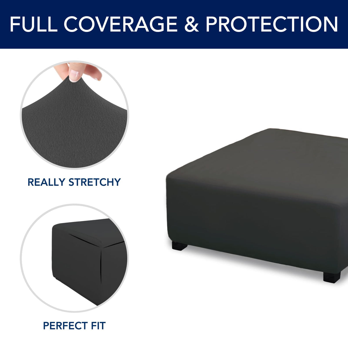 Purefit Super Stretch Form Fit Square Ottoman Cover Rectangle - Ottoman Slipcovers For Foot Stool & Folding Storage Furniture For Living Room With Nonslip Elastic Bottom (Medium-Xl, Dark Gray)