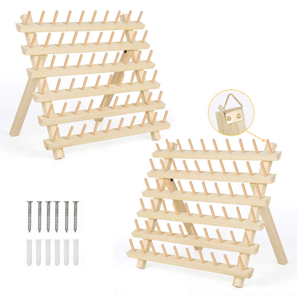 MOOACE 60-Spool Thread Holders, 2 Pack Wooden Thread Rack, Sewing Organizer with Hanging Hooks for Embroidery Quilting and Sewin