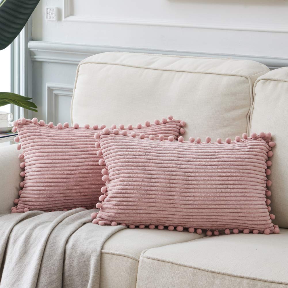 Fancy Homi Pack Of 2 Boho Rectangle Decorative Throw Pillow Covers With Pom-Poms, Soft Corduroy Accent Solid Cushion Case Set Fo