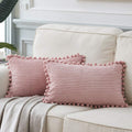 Fancy Homi Pack Of 2 Boho Rectangle Decorative Throw Pillow Covers With Pom-Poms, Soft Corduroy Accent Solid Cushion Case Set Fo