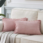 Fancy Homi Pack Of 2 Boho Rectangle Decorative Throw Pillow Covers With Pom-Poms, Soft Corduroy Accent Solid Cushion Case Set Fo