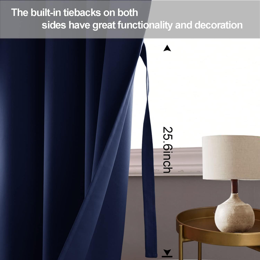 Jiuzhen Navy Blue Blackout Curtains With Tiebacks Thermal Insulated, Light Blocking And Noise Reducing Grommet Curtains For Bedroom And Living Room, Set Of 2 Window Curtain Panels, 70 X 96 Inch Length