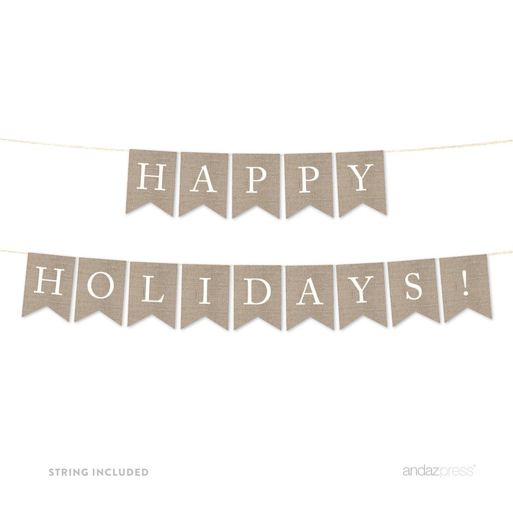 Andaz Press Hanging Bunting Pennant Party Banner with String, Printed Burlap, Happy Holidays!, 5-Feet, 1-Set, Includes String