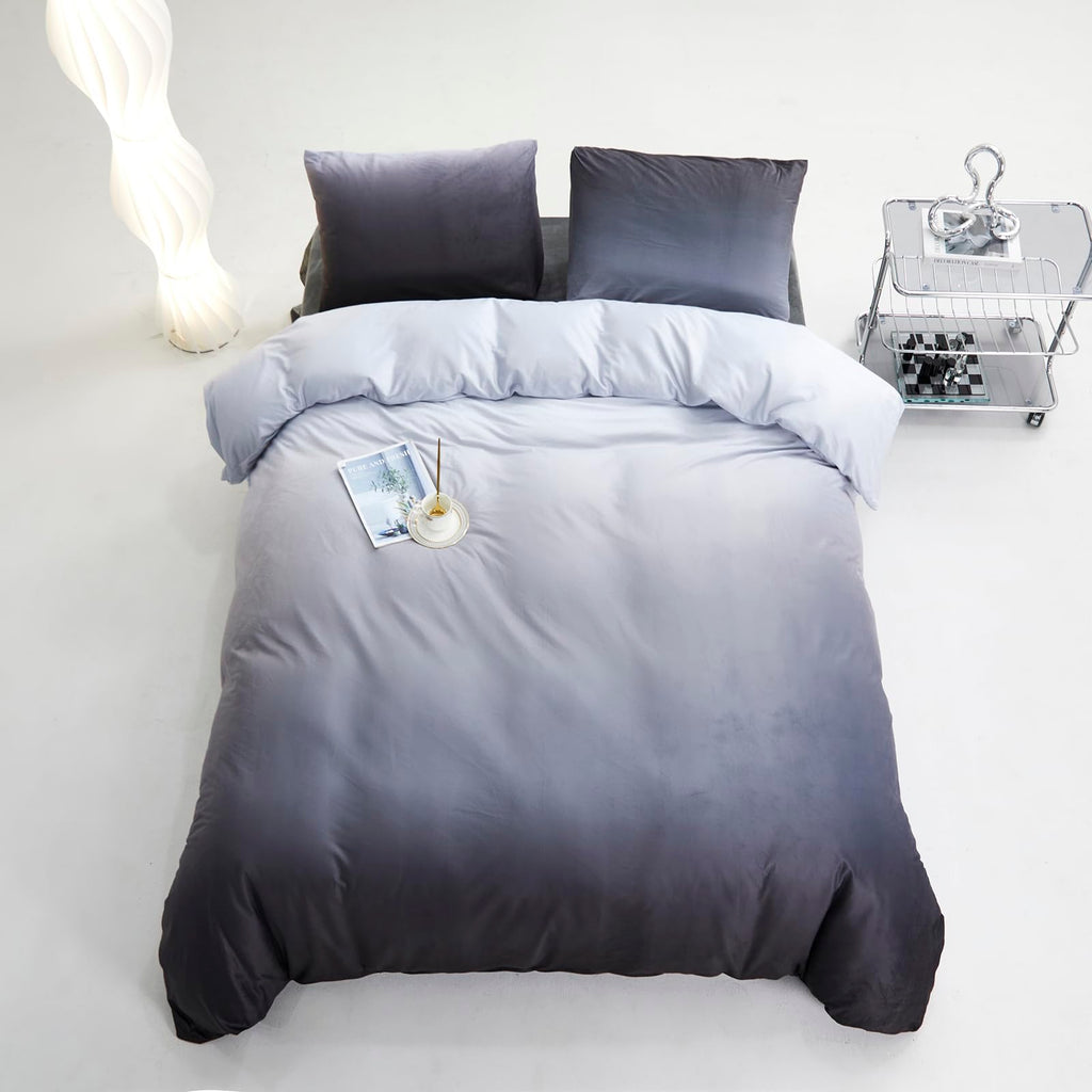 Karever Gray White Gradient Comforter Set Queen Gray Velvet Bedding Comforter Modern Plain White And Deep Gray Gradient Soft Qui