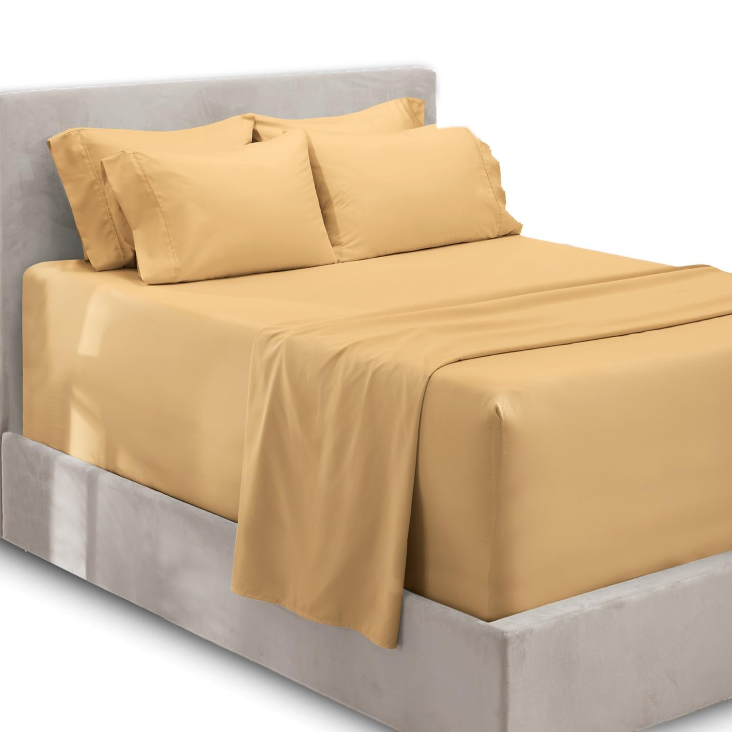 Hearth & Harbor Bed Linen Set - Twin Size - 4 Piece - Microfiber - Deep Pocket - Camel