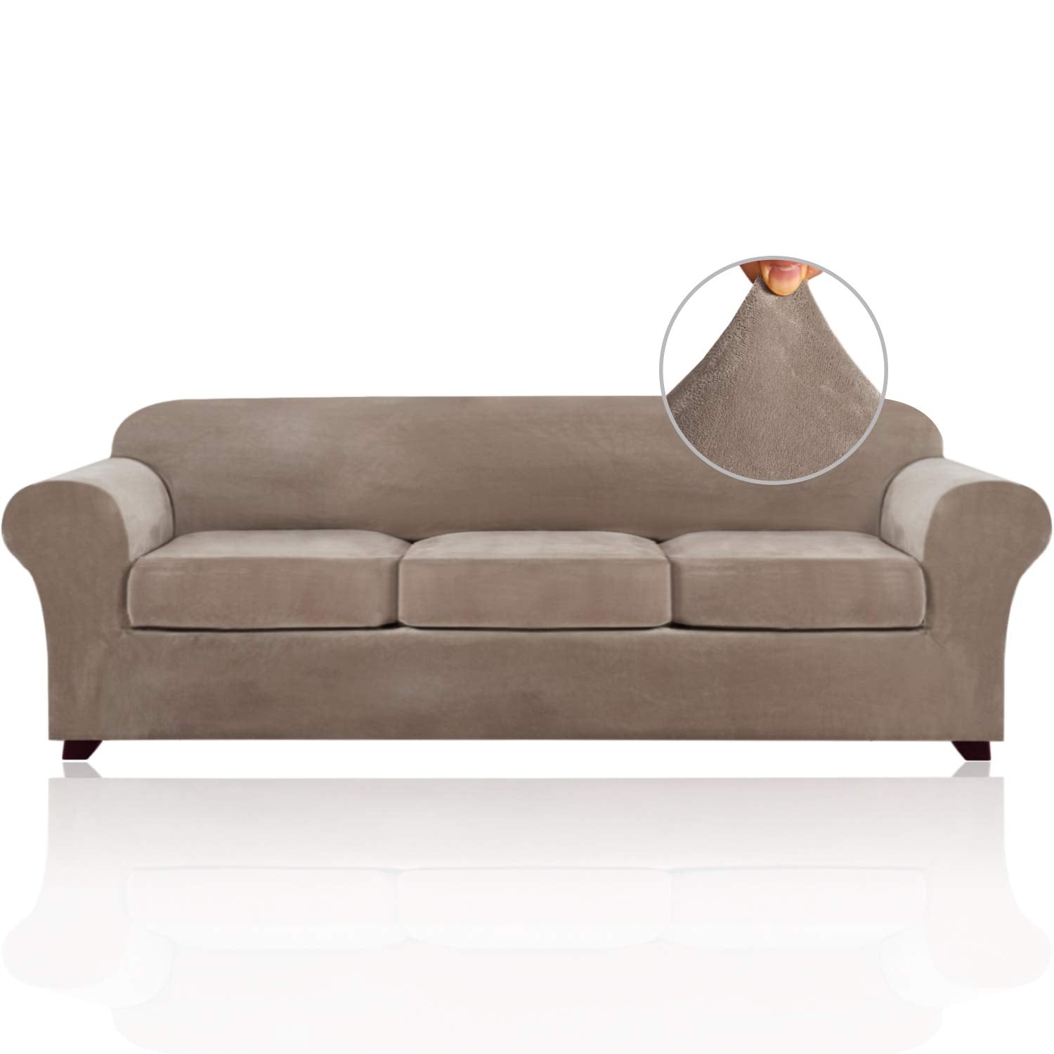 4 Pieces Sofa Covers Stretch Velvet Couch Covers For 3 Cushion Sofa Slipcovers Soft Sofa Slip Covers Furniture Covers With 3 Individual Seat Cushion Covers, Machine Washable (X-Large, Taupe)