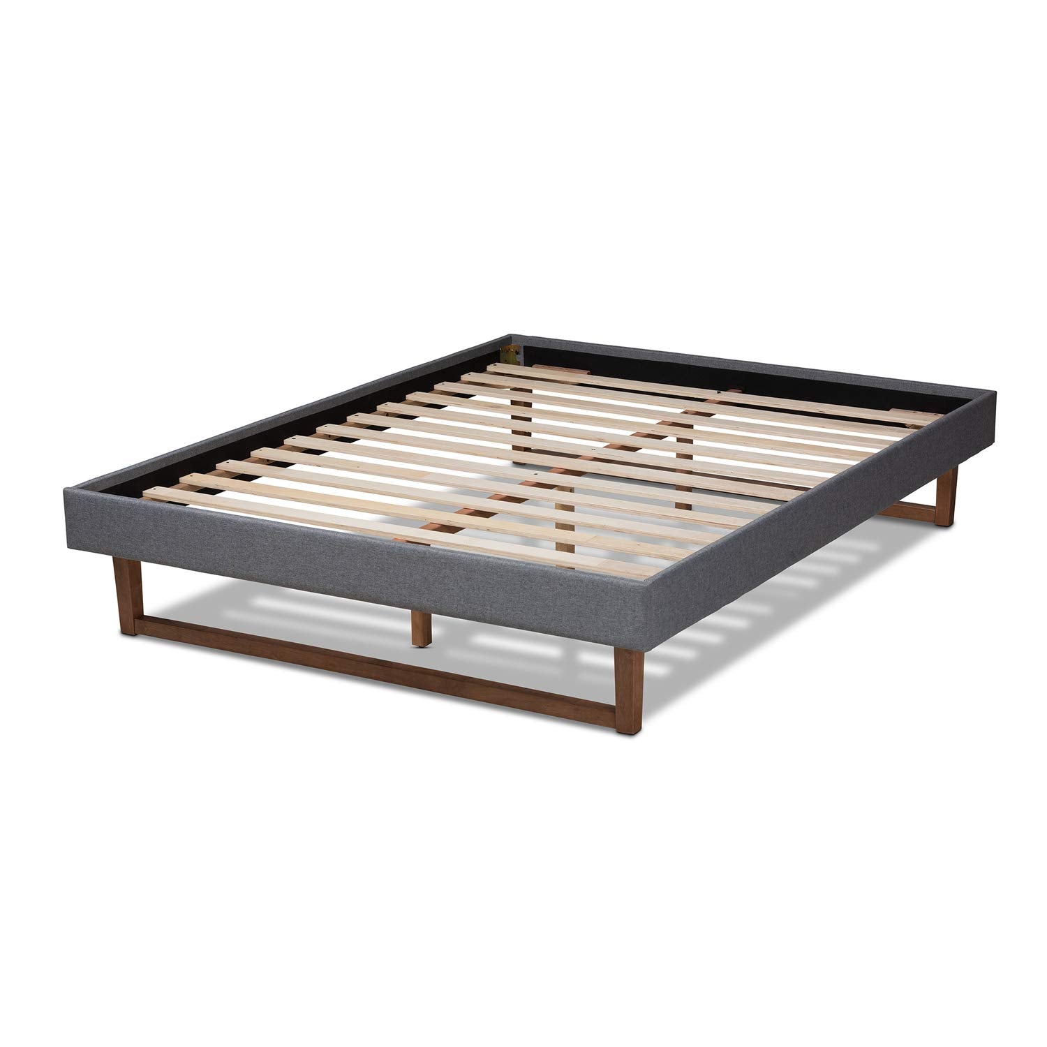 Baxton Studio Liliya Mid-Century Modern Dark Grey Fabric Upholstered Walnut Brown Finished Wood Full Size Platform Bed Frame