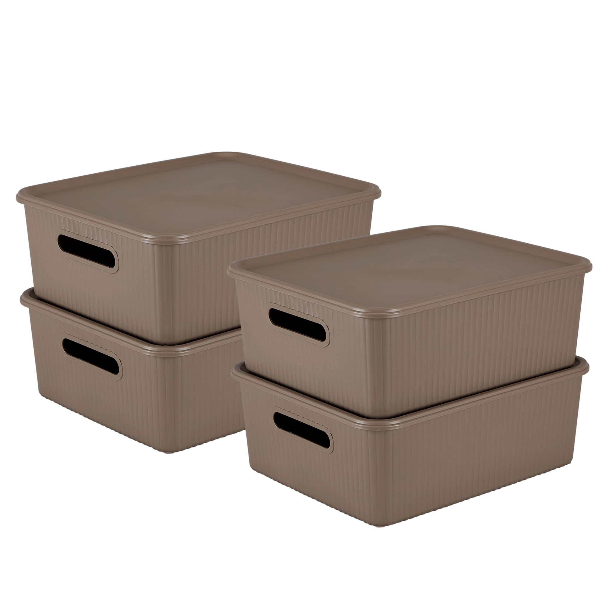 Kolorr Ribbed Baskets Medium Pack Of 4 With 4 Standard Lid (NonAirtight LooseFit Cover) Multipurpose Plastic Storage Baskets F