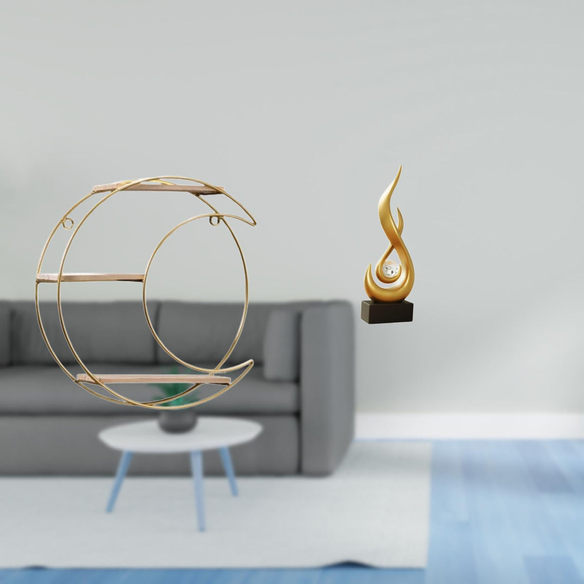 Enakshi Modern Multifunctional Wall Mounted Shelf With Abstract Fire Sculpture Decorative Display For Living Room Cabinet And Co