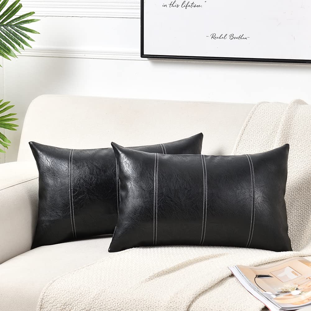 Fancy Homi 2 Packs Black Long Lumbar Faux Leather Decorative Throw Pillow Covers 12x24 Inch for Living Room Couch Bed Sofa, Boho