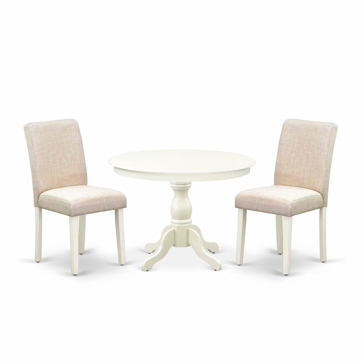 East West Furniture HBAB3-LWH-02 3 Piece Dining Set Contains a Round Dining Room Table with Pedestal and 2 Light Beige Linen Fabric Upholstered Parson Chairs, 42x42 Inch, Linen White
