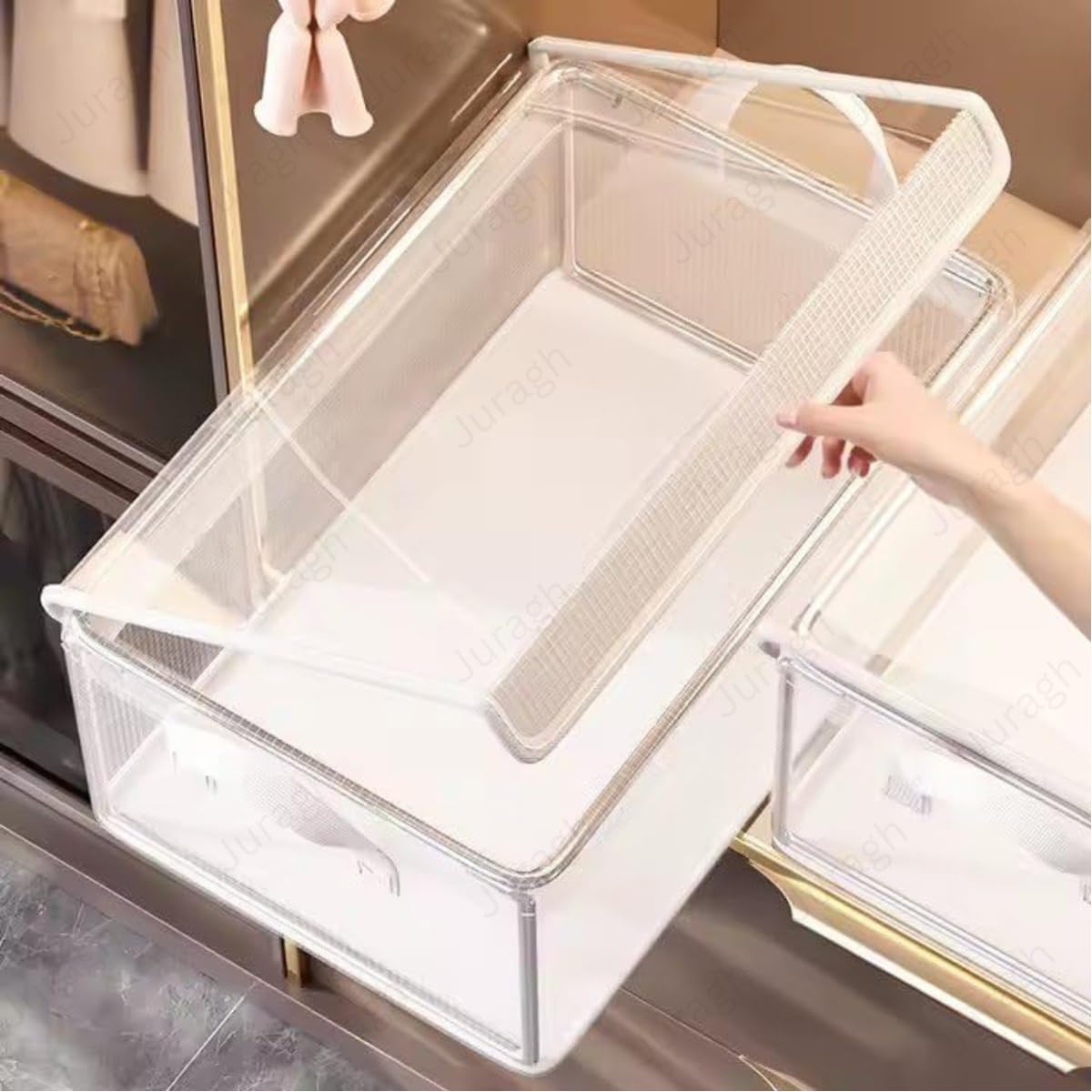 JURAGH PVC Transparent 26 Litre Storage Basket With Lid and Clothes Organizer Box Steel Frame Wardrobe Foldable Clothes Storage 