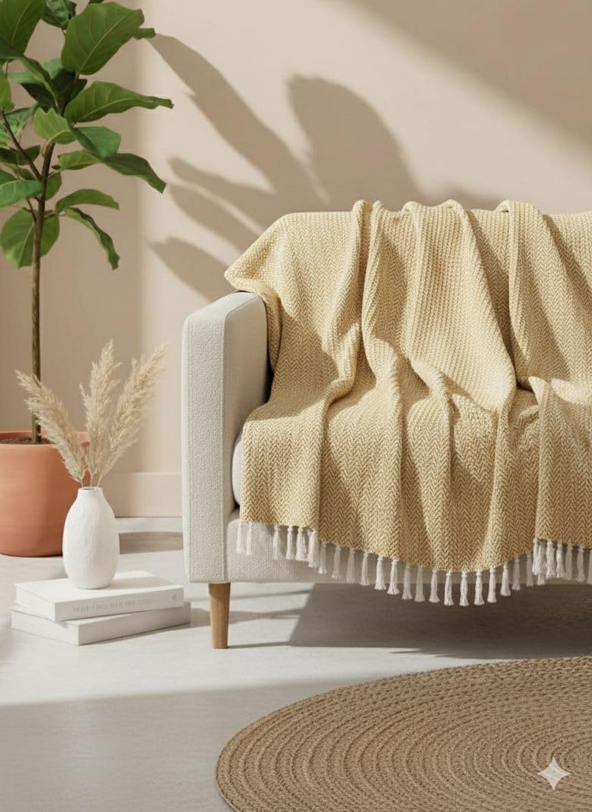 D IMPORTS Solid Check Throw Blanket with Tassels, Pastel and Beige Plaid Colour Pattern, Decorative Sofa Throw (Yellow Pastel)