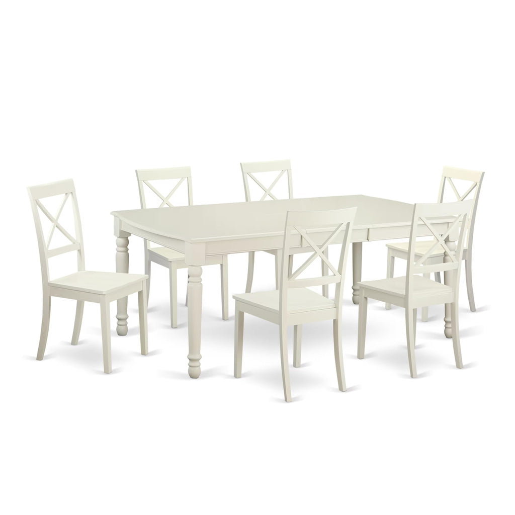 East West Furniture DOBO7-LWH-W 7 Piece Kitchen Table & Chairs Set Consist of a Rectangle Dining Room Table with Butterfly Leaf and 6 Solid Wood Seat Chairs, 42x78 Inch, Linen White