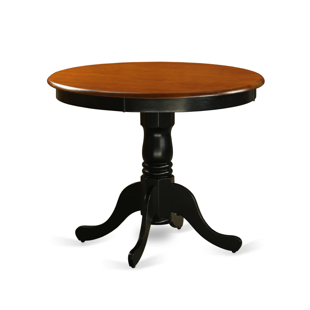 East West Furniture Anva3-Blk-C 3 Piece Modern Dining Table Set Contains A Round Kitchen Table With Pedestal And 2 Linen Fabric Dining Room Chairs, 36X36 Inch, Black