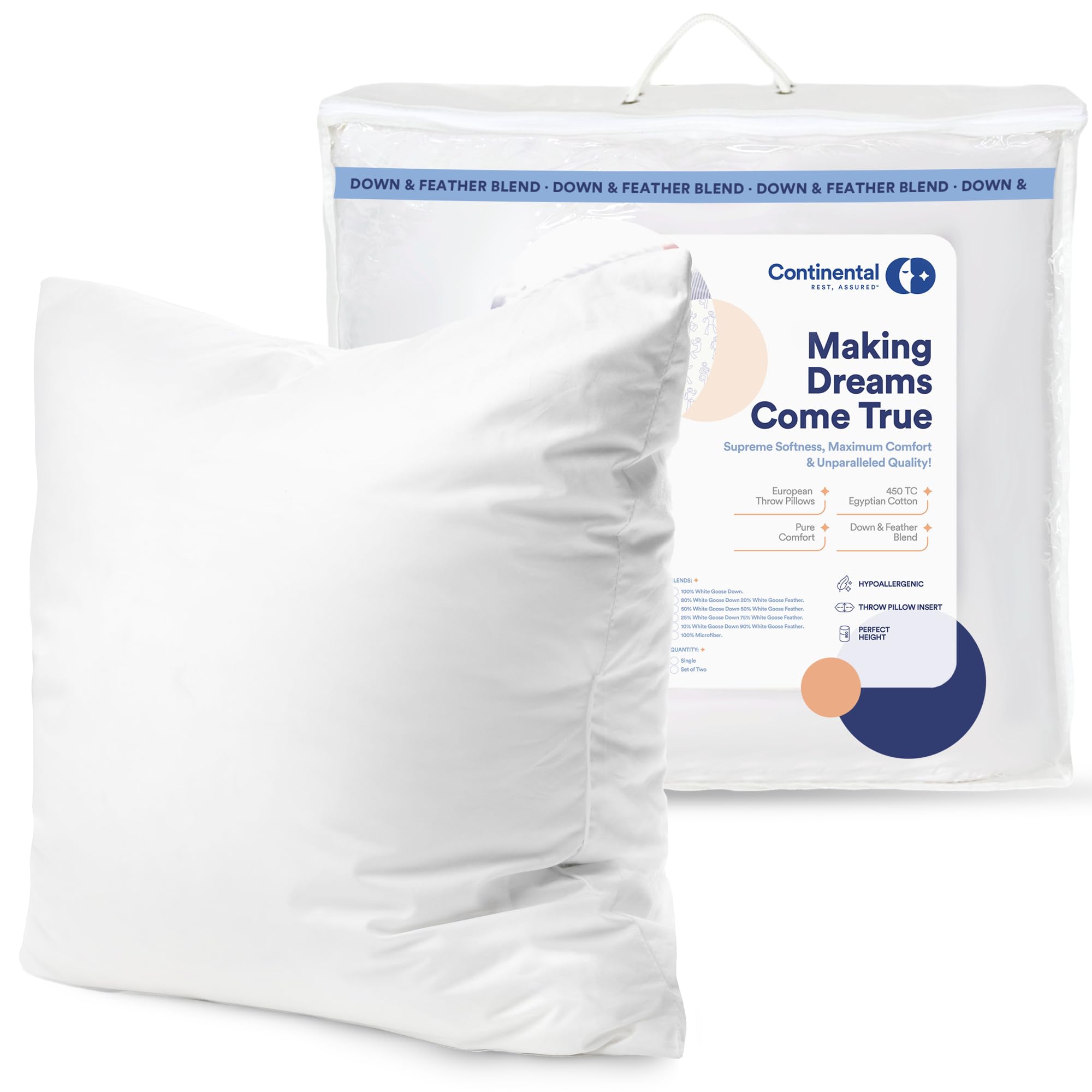 Continental Bedding 50/50 Decorative Inser Throw Pillow, 20X20, White