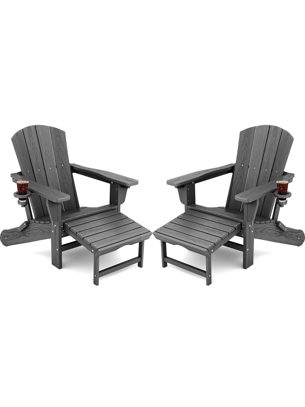 Kingyes Folding Adjustable Adirondack Chair With Retractable Ottoman Set Of 2, Hdpe All Weather Chair With Cup Holder, Wood-Like Reclining Adirondack Chair - Versatile Adirondack Chair, Grey