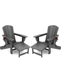 Kingyes Folding Adjustable Adirondack Chair With Retractable Ottoman Set Of 2, Hdpe All Weather Chair With Cup Holder, Wood-Like Reclining Adirondack Chair - Versatile Adirondack Chair, Grey