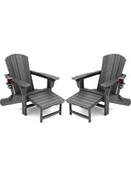 Kingyes Folding Adjustable Adirondack Chair With Retractable Ottoman Set Of 2, Hdpe All Weather Chair With Cup Holder, Wood-Like Reclining Adirondack Chair - Versatile Adirondack Chair, Grey