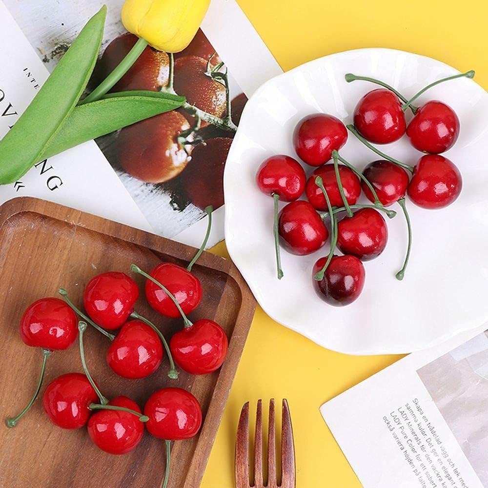 Baolaili 20Pcs Red Artificial Cherries, Fake Fruit Decor Simulation Cherry Model Lifelike Fruit Cherry Ornament, Home Kitchen Pa