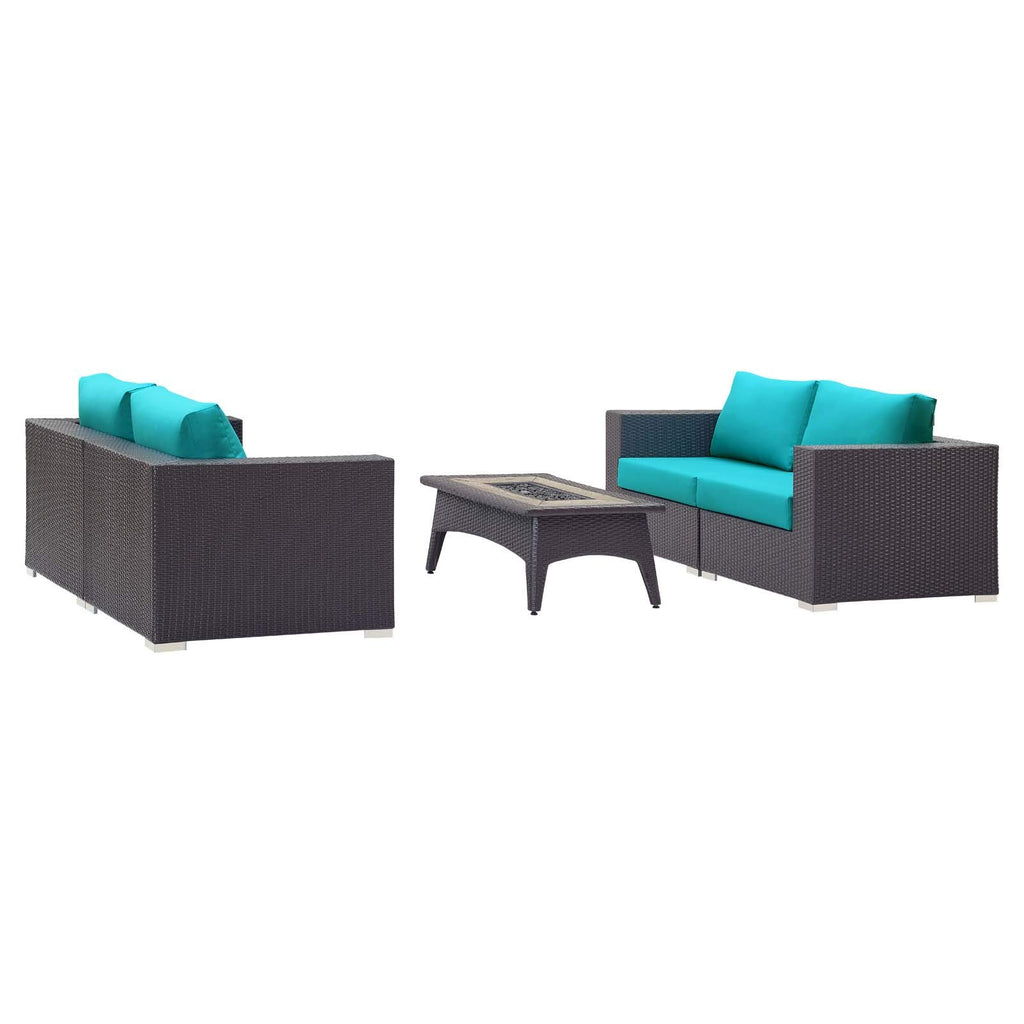 Modway Convene Wicker Rattan 5 Piece Outdoor Patio Sectional Set With Fire Pit In Espresso Turquoise