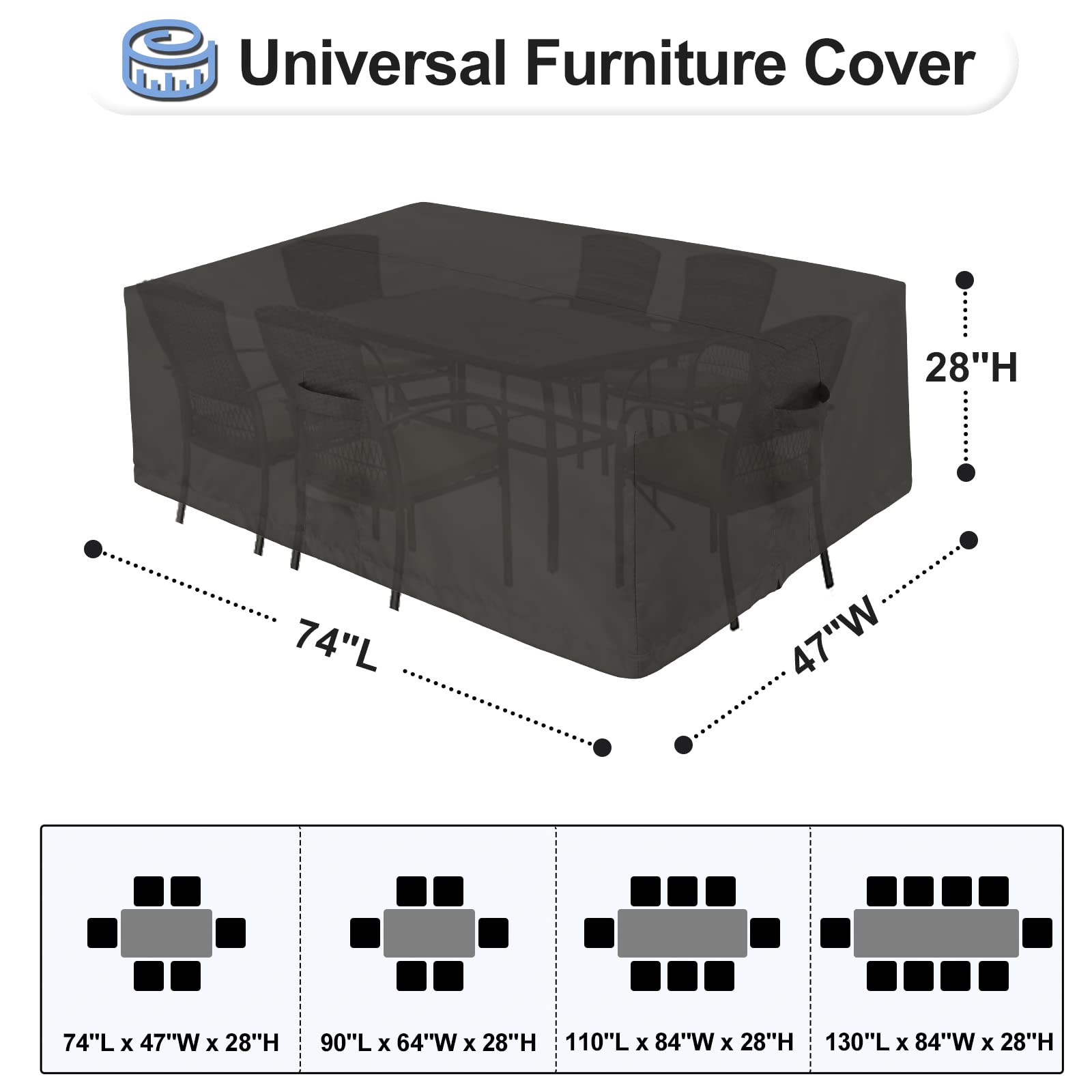 Outdoorlines Outdoor Waterproof Patio Table Furniture Set Covers - Rectangle Couch Sectional Cover Outside Weatherproof Patio Furniture Covering For Deck, Lawn And Backyard 74'L X 47'W X 28'H, Black