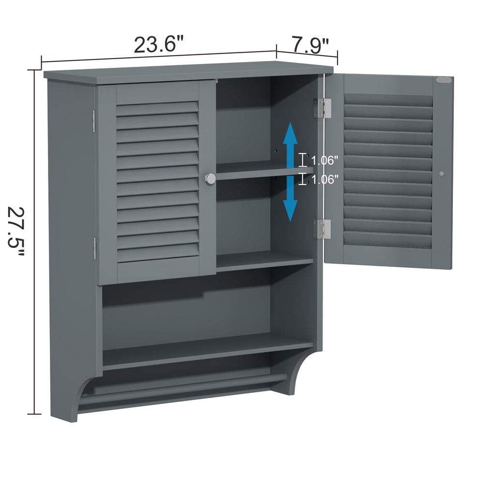 Choochoo Bathroom Wall Cabinet With Towels Bar, 23.6' L X7.9 W X27.5 H Mdf Material Medicine Cabinet, 2 Doors Over The Toilet Space Saver Storage Cabinet With Large Space, Grey