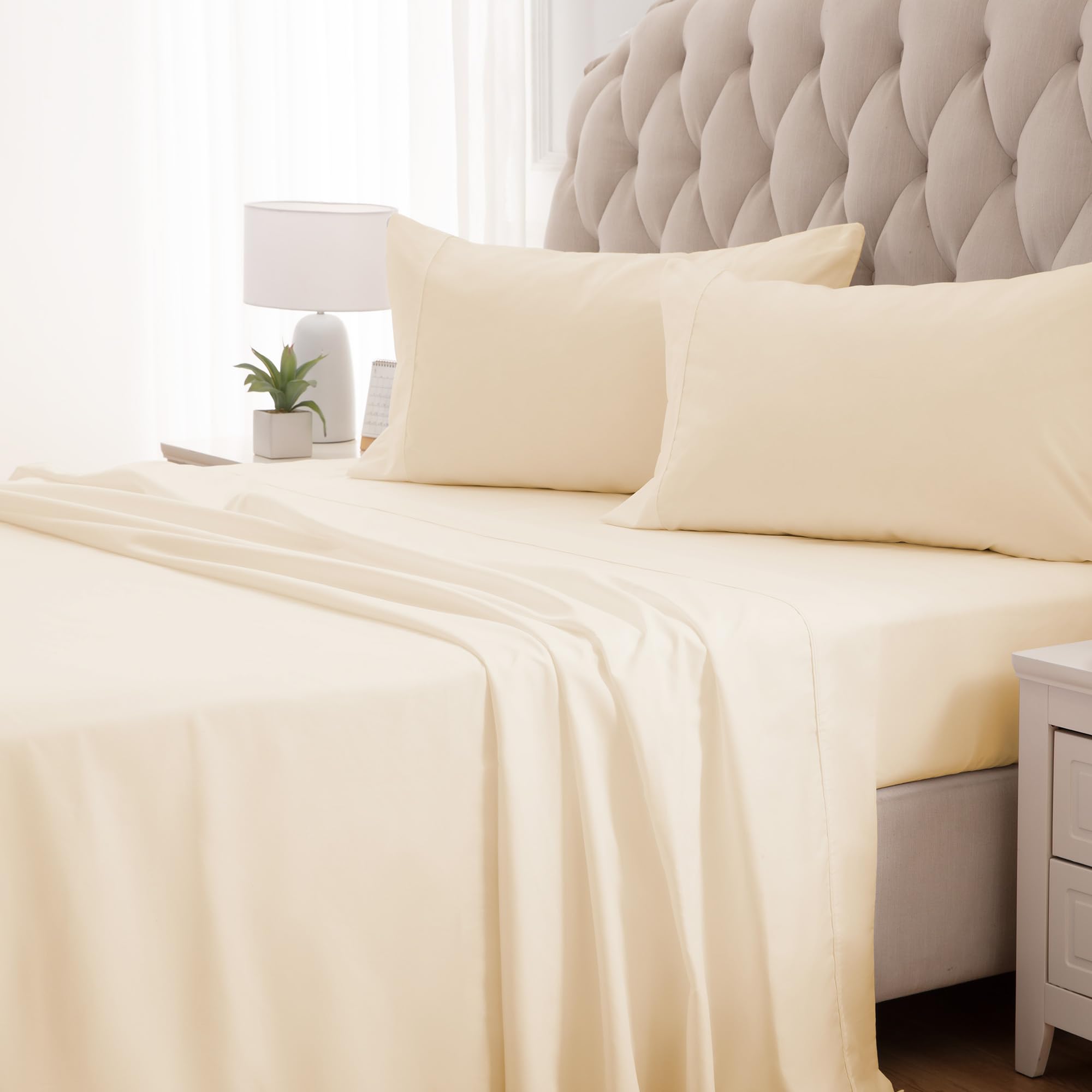 Sleep Zone Nanotex Super Soft Cooling King Bed Sheets Set 4 Piece - Easy Care Fitted Flat Sheet & Pillowcase Sets - Wrinkle Free, Fade Resistant, Deep Pocket 16' (Beige, King)