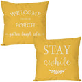 Pandicorn Welcome To Our Porch Stay Awhile Farmhouse Decorative Throw Pillow Covers 18X18 Set Of 2 Yellow Outdoor Porch Pillows