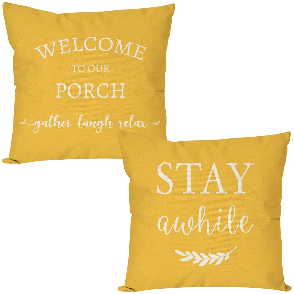 Pandicorn Welcome To Our Porch Stay Awhile Farmhouse Decorative Throw Pillow Covers 18X18 Set Of 2 Yellow Outdoor Porch Pillows