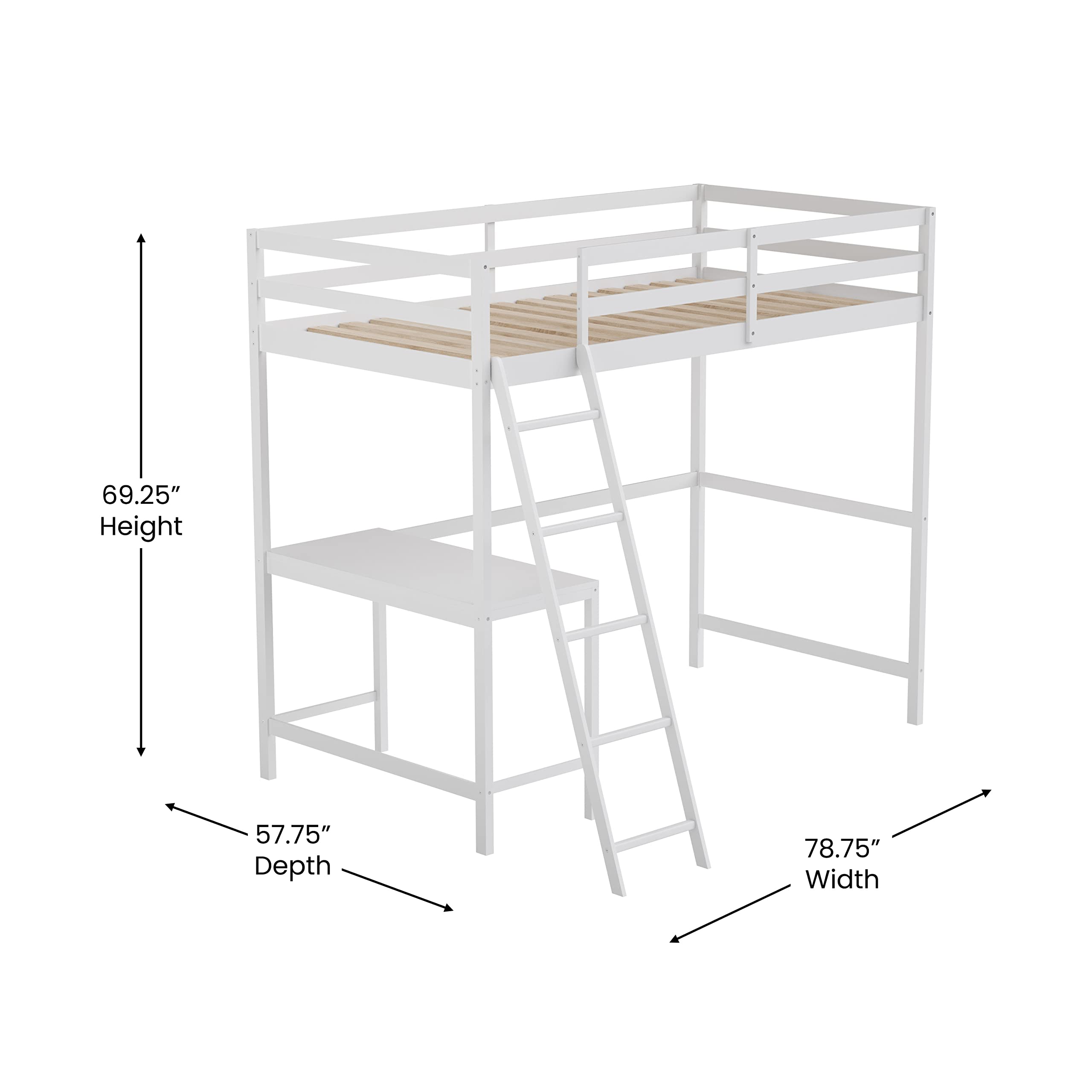 Flash Furniture Riley Loft Bed Frame with Desk - White Wood Slats - Twin Size - Protective Guard Rails & Ladder - Kids and Teens - Space Saving Design