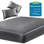 Siinvdabzx 3-Piece Set Satin Twin Xl Fitted Sheet & 2 Pillowcase, Grey Silky Soft Fitted Bottom Sheet Twin Extra Long Bed Sheets