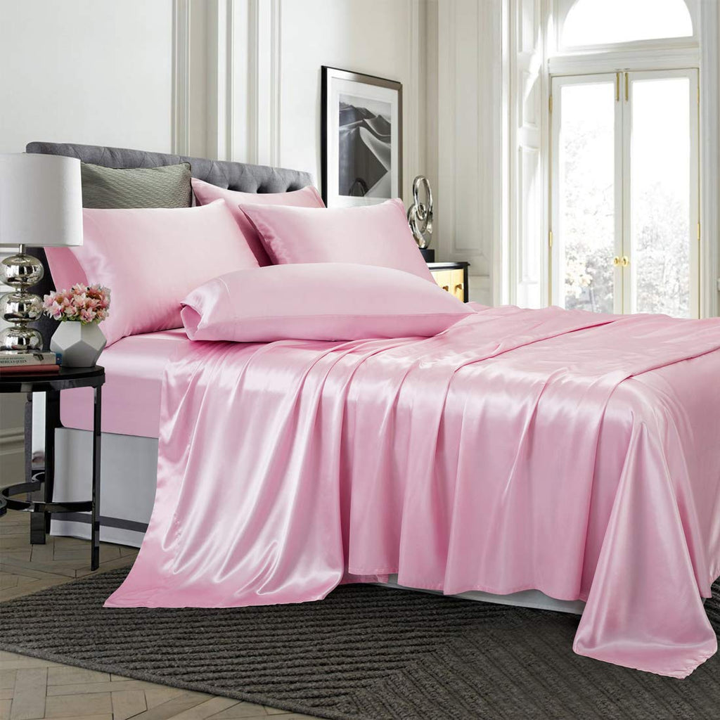 Treely 6 Piece Satin Sheets Full Size Silky Smooth Pink Satin Sheet Set With Deep Pocket, Satin Fitted Sheet, Flat Sheet, 4 Sati