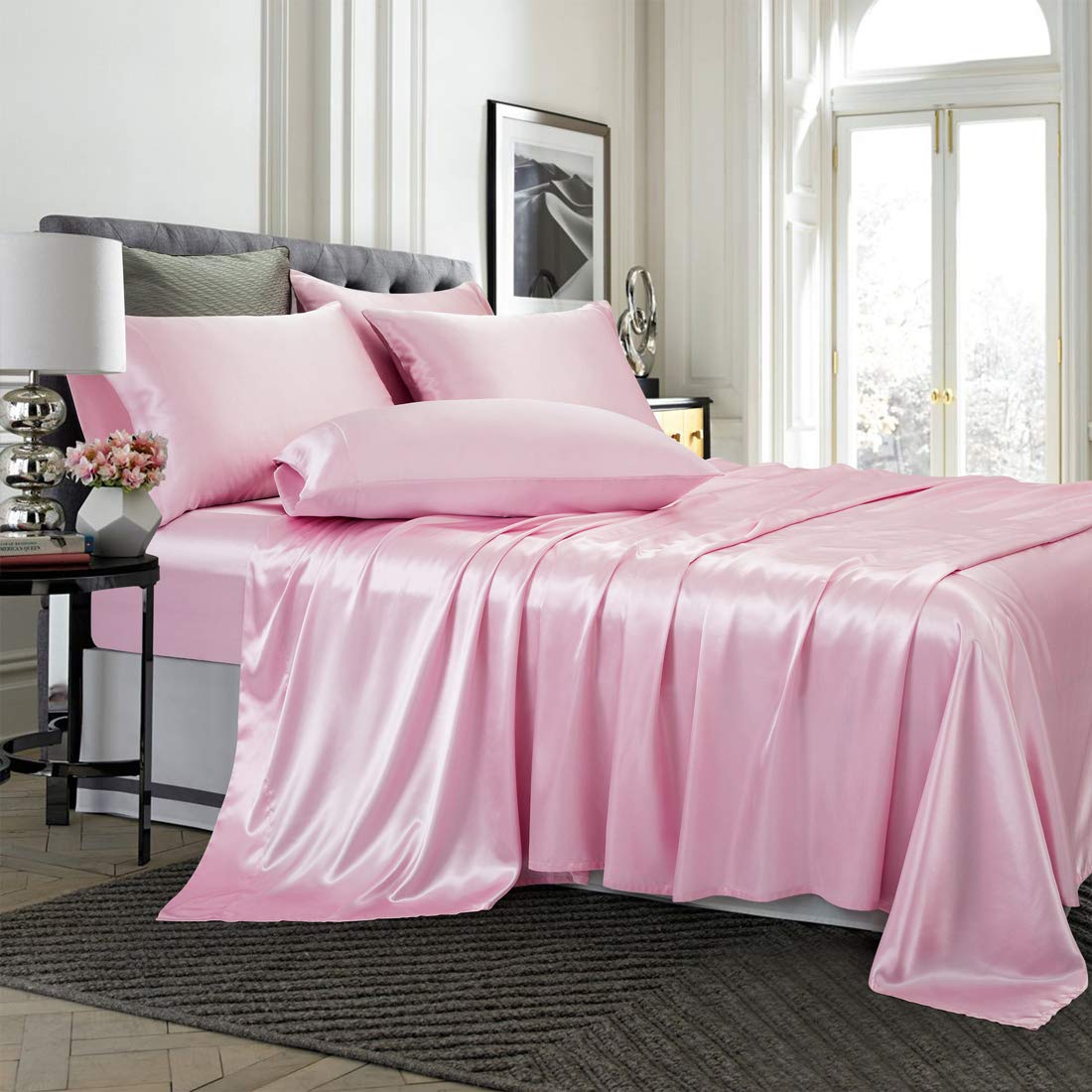 Treely 6 Piece Satin Sheets Full Size Silky Smooth Pink Satin Sheet Set With Deep Pocket, Satin Fitted Sheet, Flat Sheet, 4 Sati