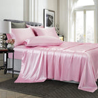 Treely Satin Sheet Set - King Size, 6 Pieces, Pink, Deep Pocket, Silky Soft, Breathable
