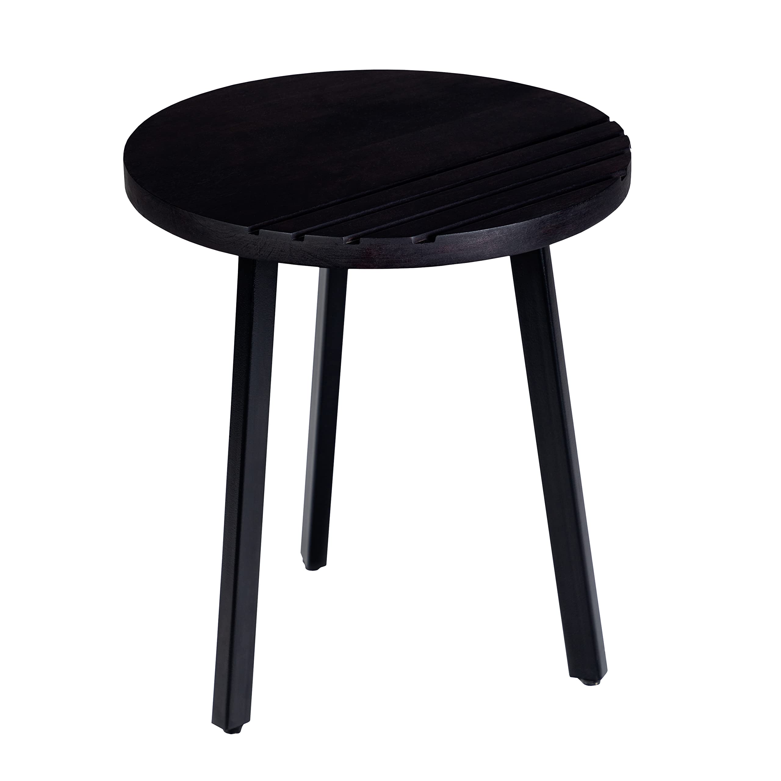 The Urban Port 18-Inch Round Mango Wood Side End Table, Grooved Design, Metal Legs, Black