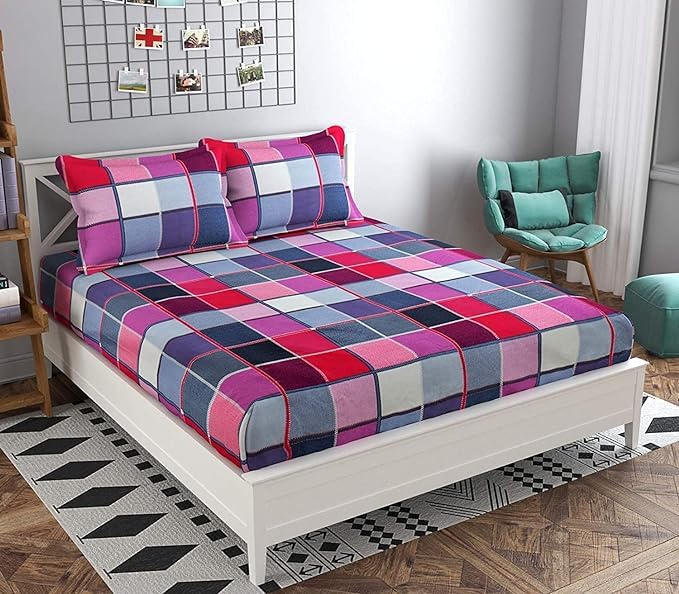 Tib Glace Cotton 78 X 72 Elastic Fitted Bedsheets King Size With 2 Pillow Covers, Pack Of 3, Pink