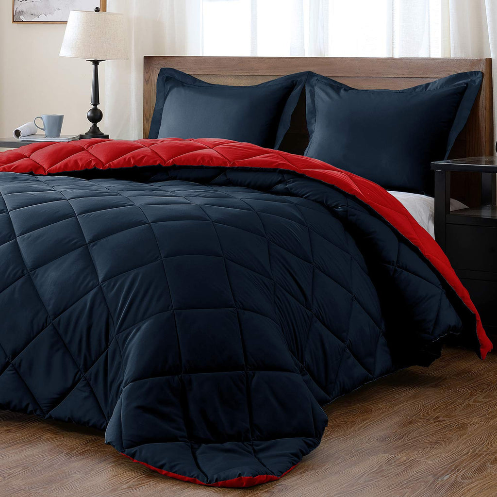 Downluxe King Size Comforter Set - Red And Navy King Comforter, Soft Bedding Sets For All Seasons -3 Pieces - 1 Comforter (104'