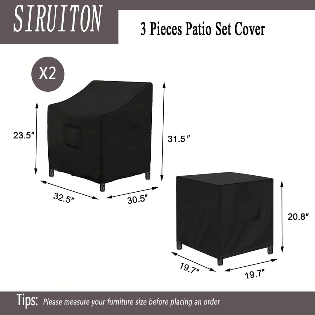 Siruiton 3 Piece Outdoor Veranda Patio Garden Furniture Cover Set With 600D Durable And Water Resistant Fabric,Fit For Outdoor Wicker Patio Furniture Sets/Rattan Chair Conversation Sets-Balck