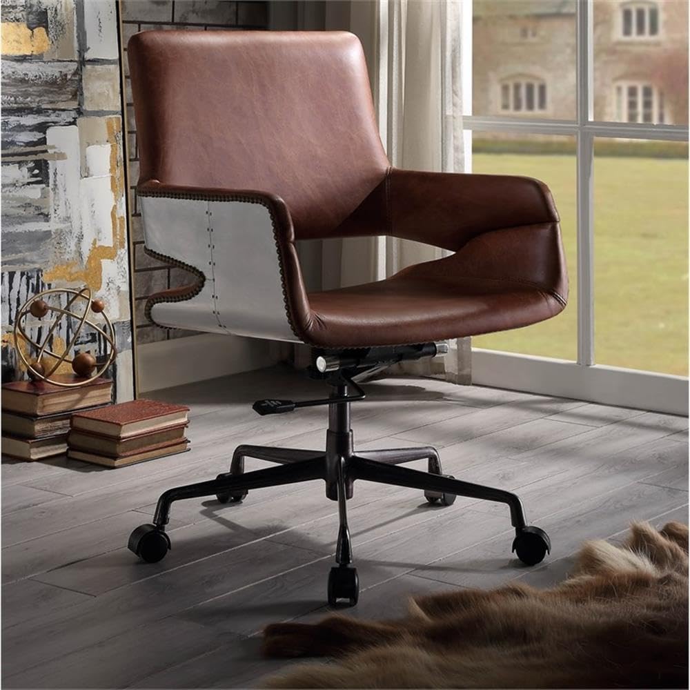 Acme Kamau Leather Upholstered Swivel Office Chair in Vintage Cocoa