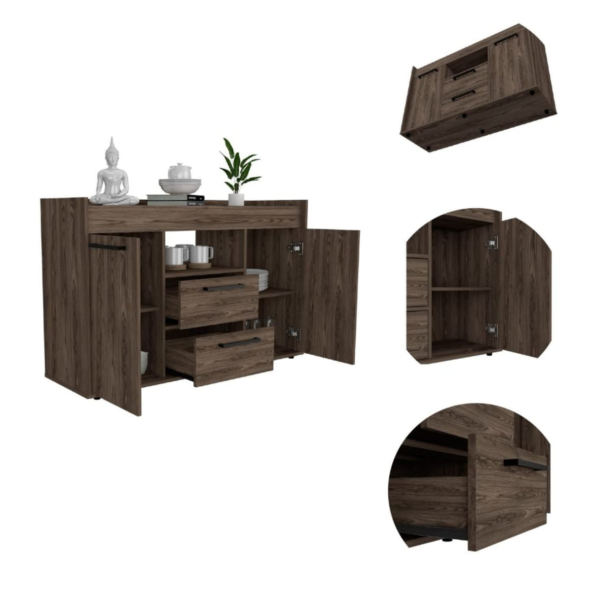 Hart Sideboard Double Door Cabinet, 1 Open Shelf, Dark Walnut