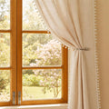Homemonde Door 7 Feet Curtains Sheer Linen Textured Panels Set With Decorative Border Pompoms, Solid Beige  (Hangs Style  Rod 